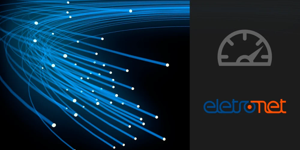 linhas azuis com pontos brilhantes ilustrando as redes DWDM e ao lado o logo da empresa Eletronet