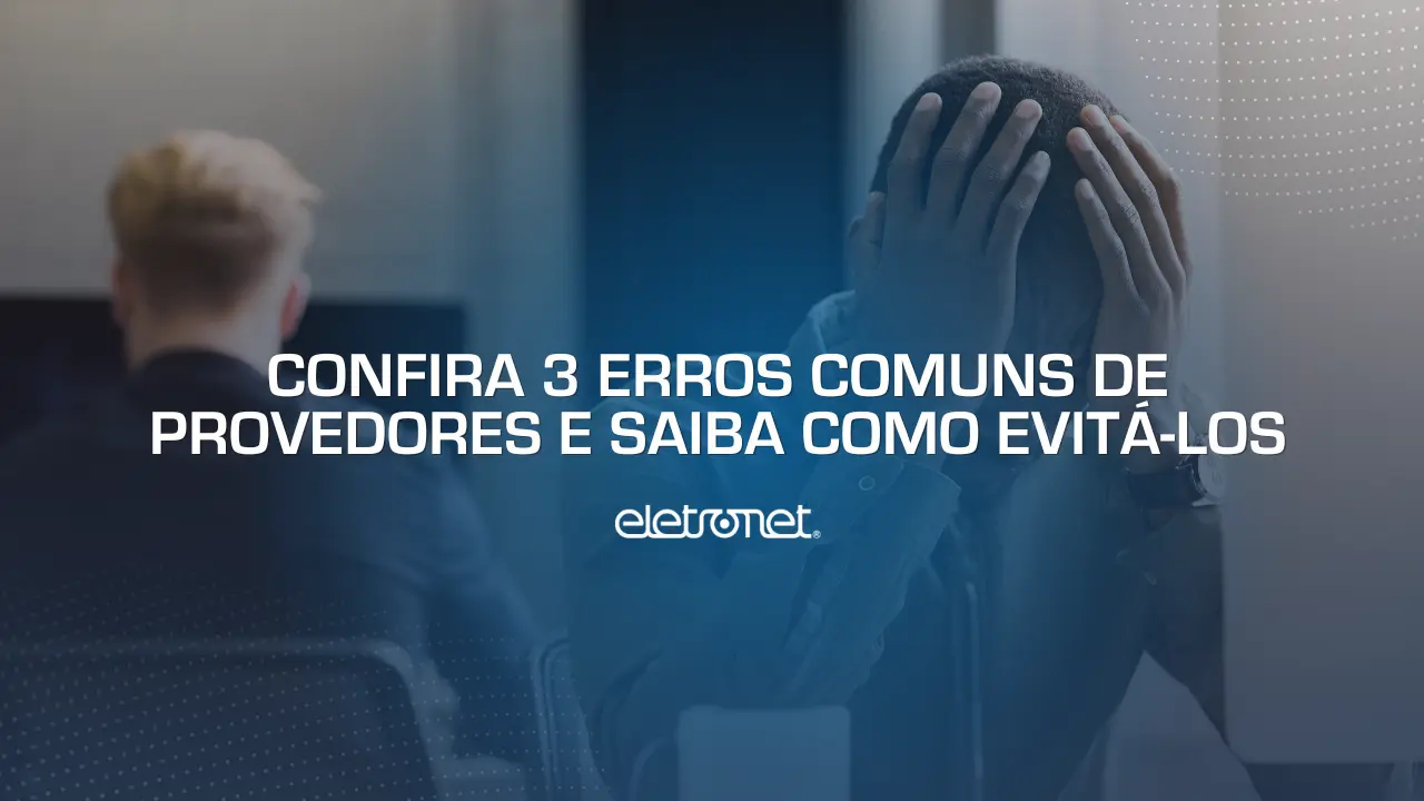 Homem de terno com a mão estendida segurando um ícone digital de xis, representando os erros comuns de provedores.