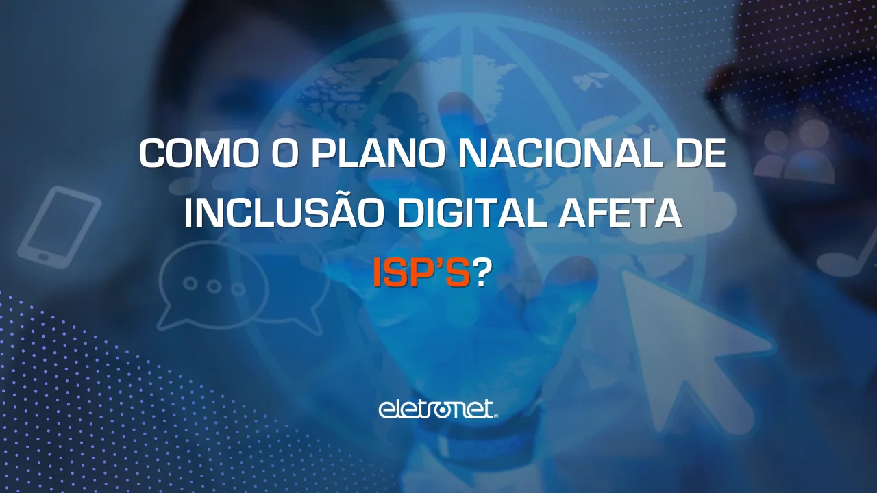 Donos de ISP analisando imagem digital do globo terrestre com ícones de conectividade representando os efeitos do plano nacional de inclusão digital.
