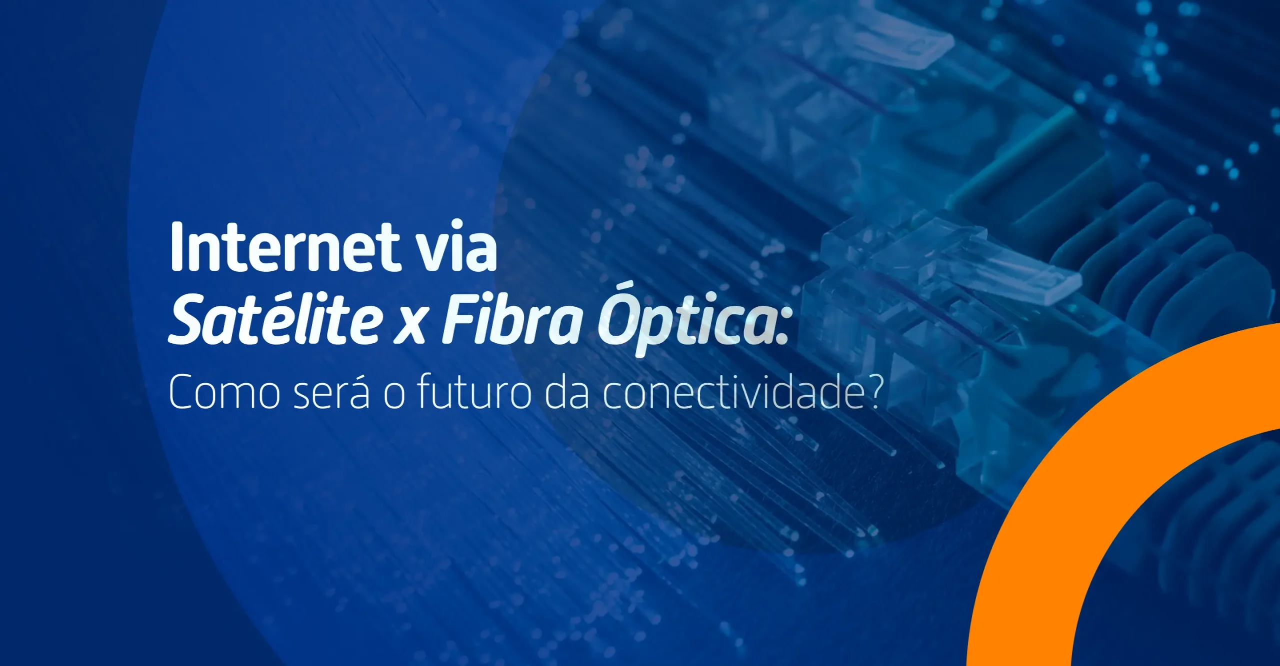 Conector de rede em fundo azul representando a disputa entre internet via satélite e fibra óptica no futuro da conectividade