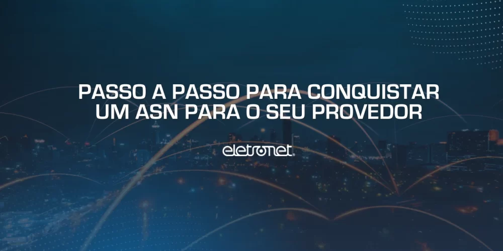 Imagem aérea de uma cidade à noite com linhas gráficas laranjas conectando diferentes pontos, representando as conexões feitas por meio do ASN do provedor.