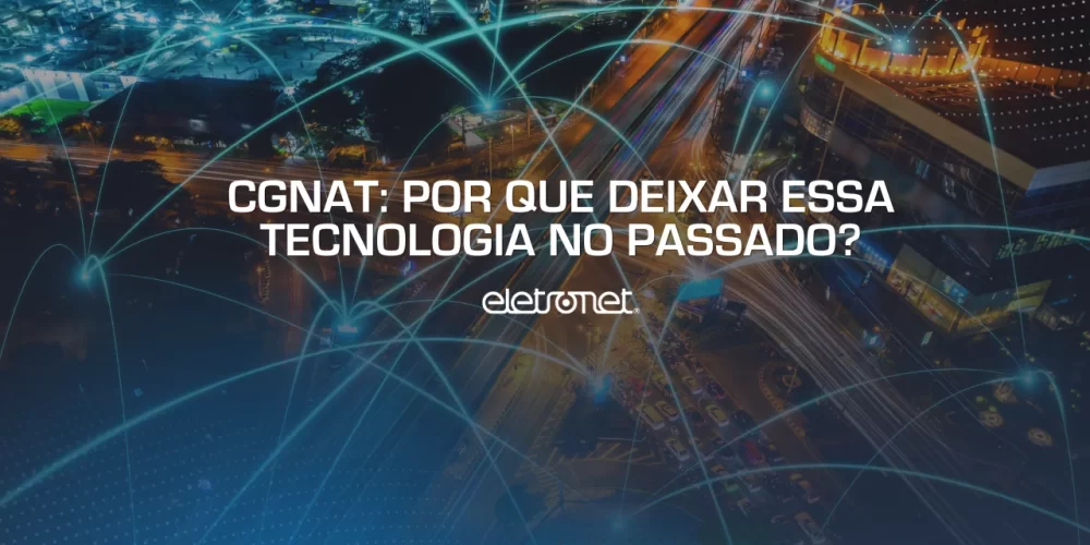 Imagem aérea noturna de uma cidade com diversas linhas luminosas interconectando vários pontos, representando os endereços IP do CGNAT.