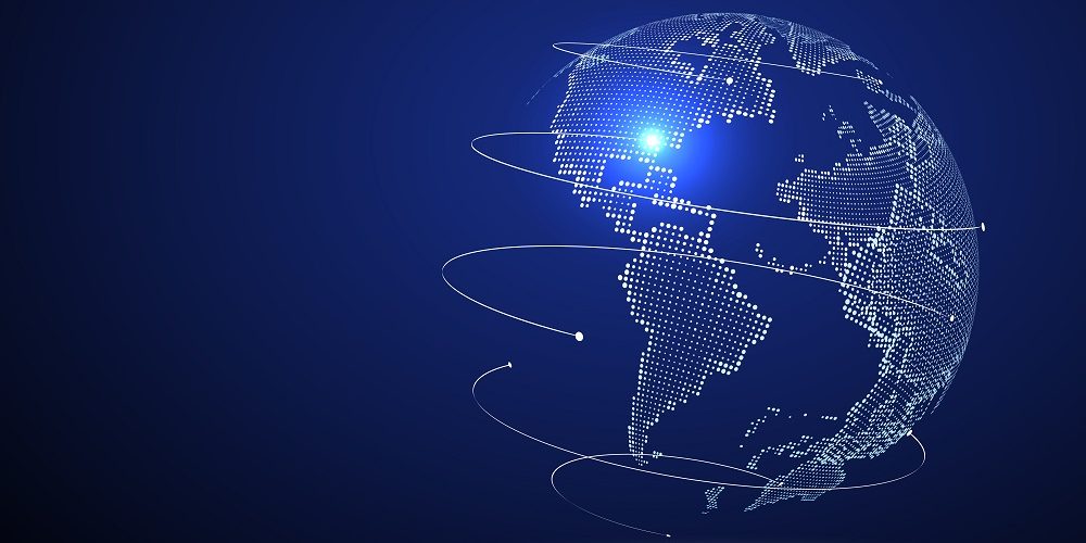 Imagem gráfica do globo terrestre com linhas em volta, representando os pontos de troca de tráfego.