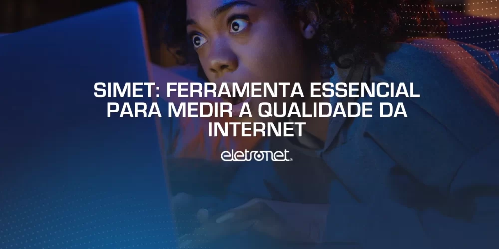 Roteador branco sobre uma mesa e, acima dele, números gráficos do 20 a 200 MB/s, representando a medição do Simet.