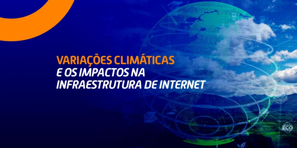 Representação do planeta Terra com nuvens e elementos digitais simbolizando os impactos das mudanças climáticas na infraestrutura de internet